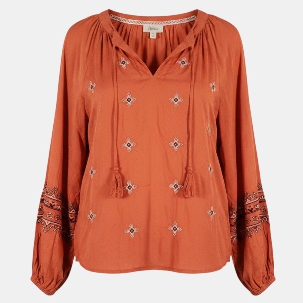 Style & Co Womens Small Orange Peasant Blouse Embroidered Tassel Long Sleeve S